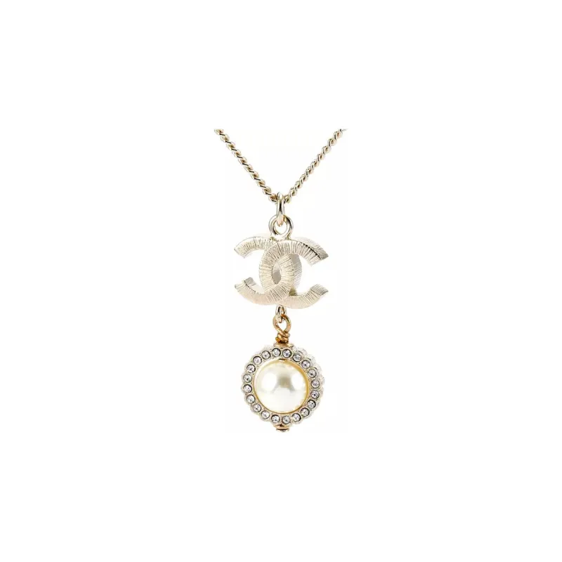 CHANEL 2019 Plated Cc Faux Pearl Rhinestones Pendant Necklace Costume Necklace-2