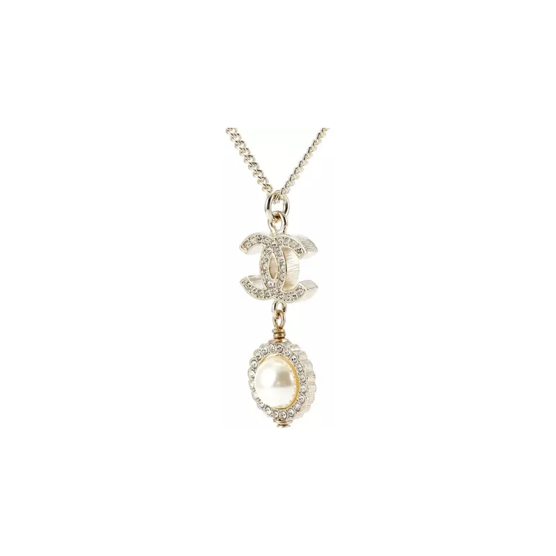 CHANEL 2019 Plated Cc Faux Pearl Rhinestones Pendant Necklace Costume Necklace-1