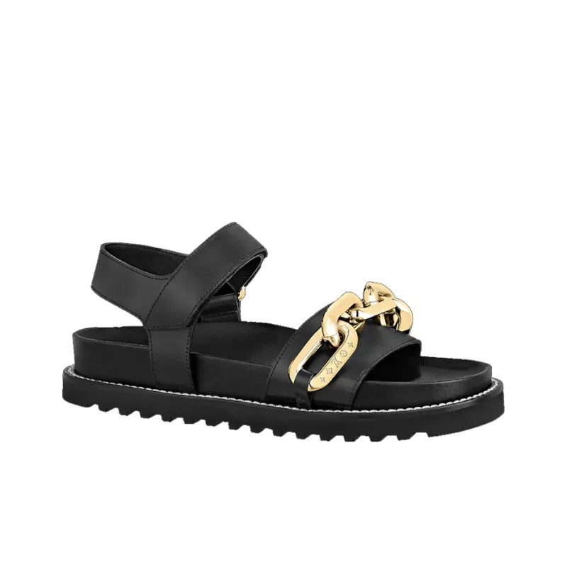 LOUIS VUITTON Paseo Flat Sandals 'Black GOld' Women's-1