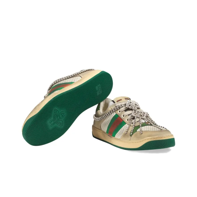 GUCCI Women's Screener 'Off White Green Crystals'-4