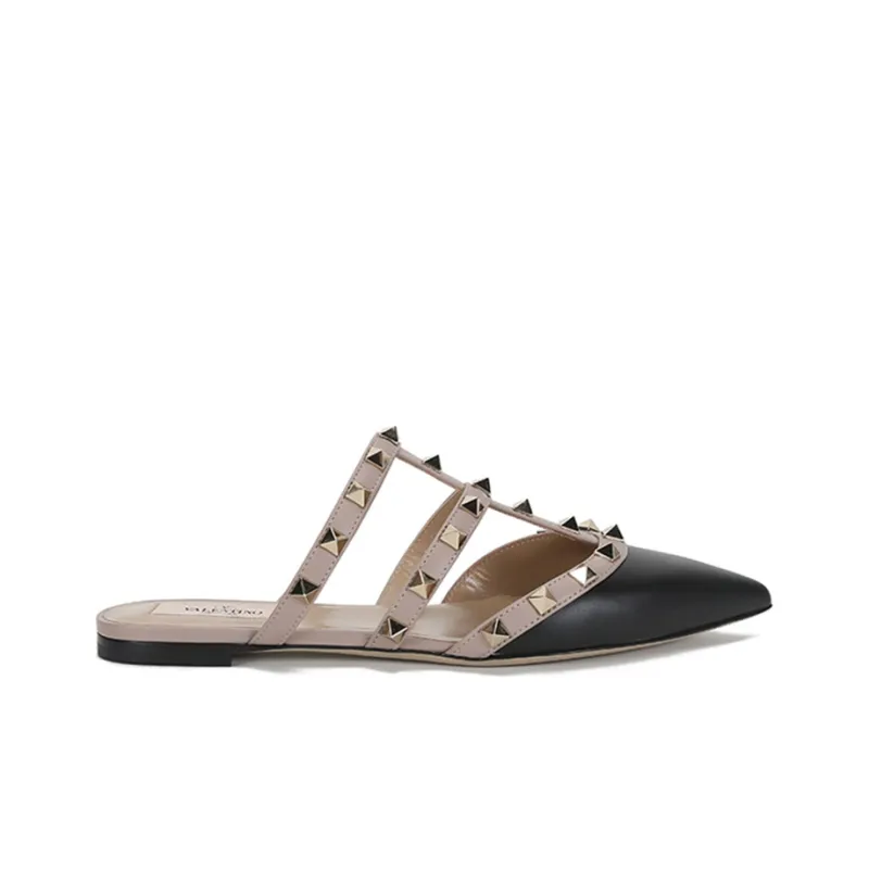 Valentino Rockstud Closed Toe Slippers Women's Black Gray Pink-1