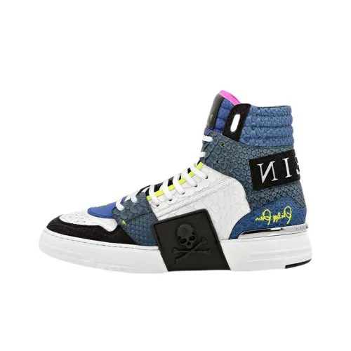 PHILIPP PLEIN Skateboard Shoes Men High-Top Blue/White/Black