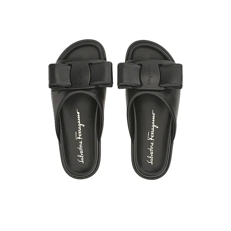 FERRAGAMO Viva Genuine Leather Sole Slip Resistant Slide Slippers Women's Black-3