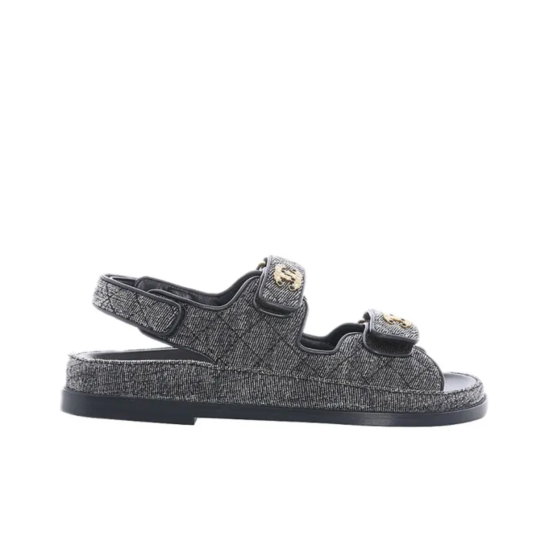CHANEL One Strap Sandals Women's Black Gray-1
