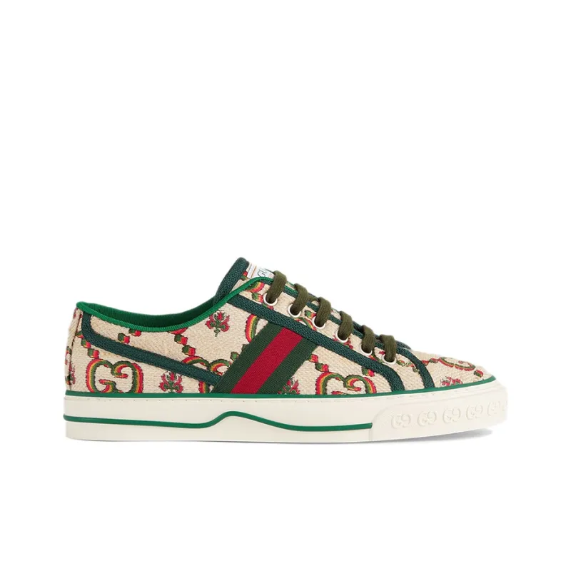 GUCCI Tennis 1977 Low Top Stylish Skateboarding Shoes Women's Beige Green-1