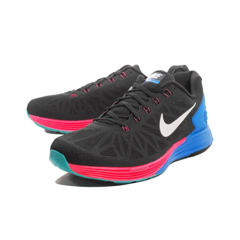 Nike Lunarglide 6 Cushioned Slip Resistant Breathable Low Top Running Shoes Men's Black Red Blue-2