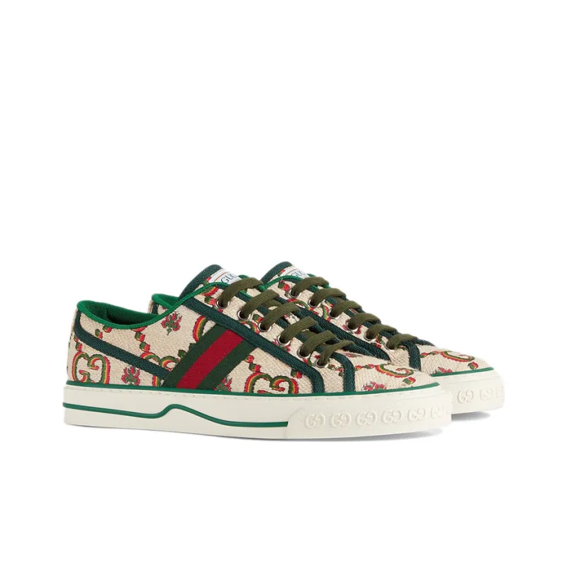 GUCCI Tennis 1977 Low Top Stylish Skateboarding Shoes Women's Beige Green-2