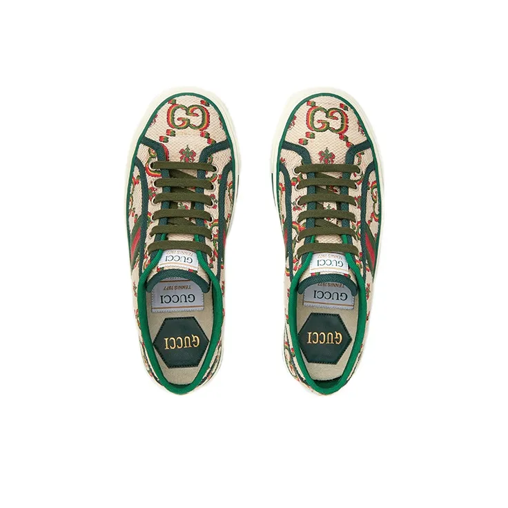 GUCCI Tennis 1977 Low Top Stylish Skateboarding Shoes Women's Beige Green-3