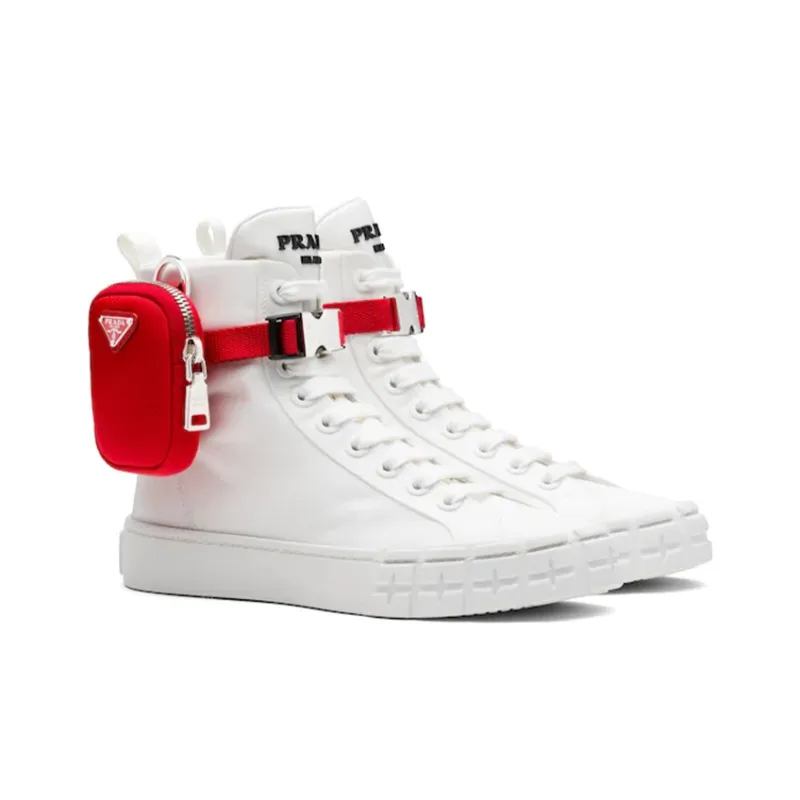 PRADA Wheel Re Nylon High Top Stylish Skateboarding Shoes Women's White Red-2