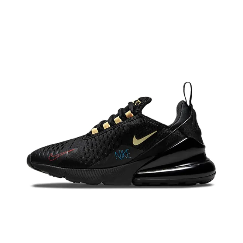 Nike Air Max 270 Cushioned Slip-Resistant Breathable Coverage Low-Top Running Shoes GS Black Gold-0