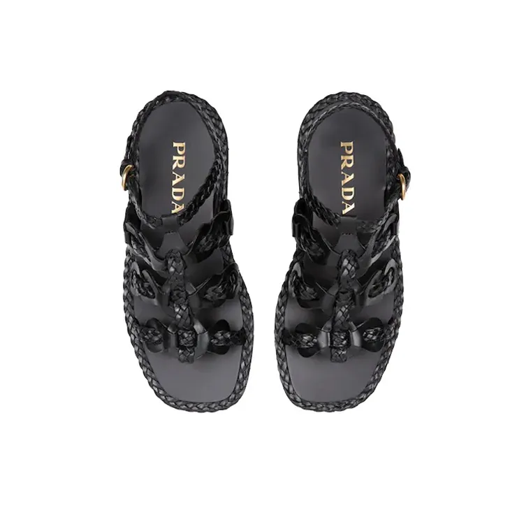 PRADA Braided Leather Sandals 'Black' Women's-4