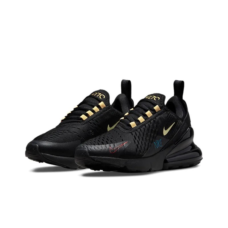 Nike Air Max 270 Cushioned Slip-Resistant Breathable Coverage Low-Top Running Shoes GS Black Gold-2