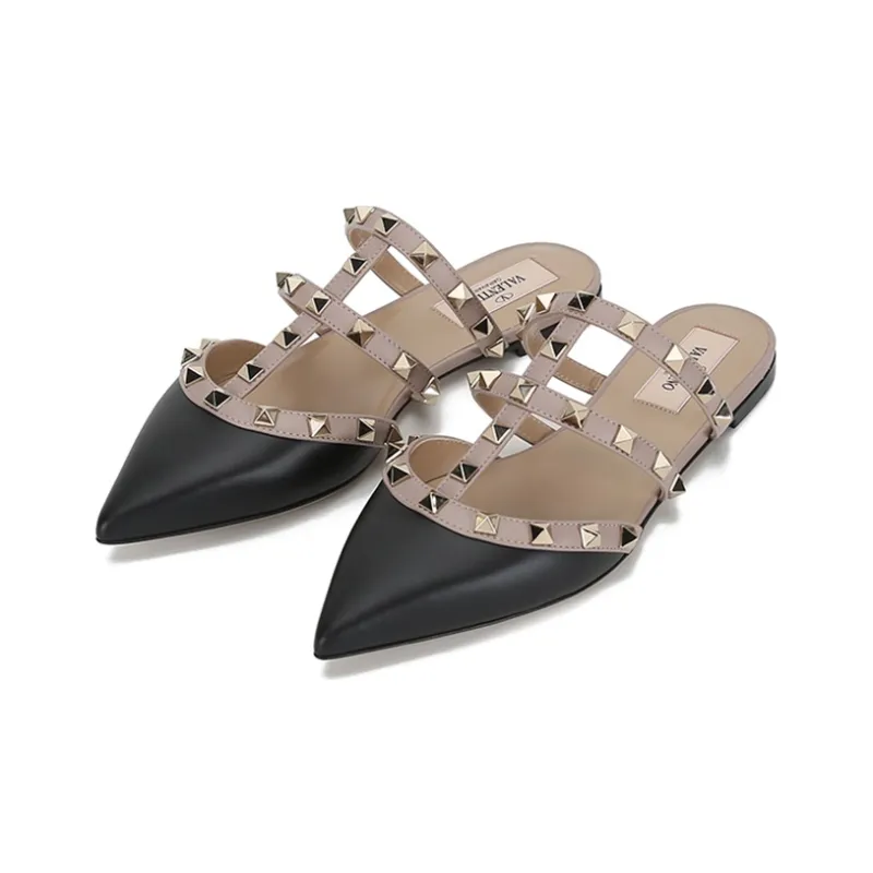 Valentino Rockstud Closed Toe Slippers Women's Black Gray Pink-2