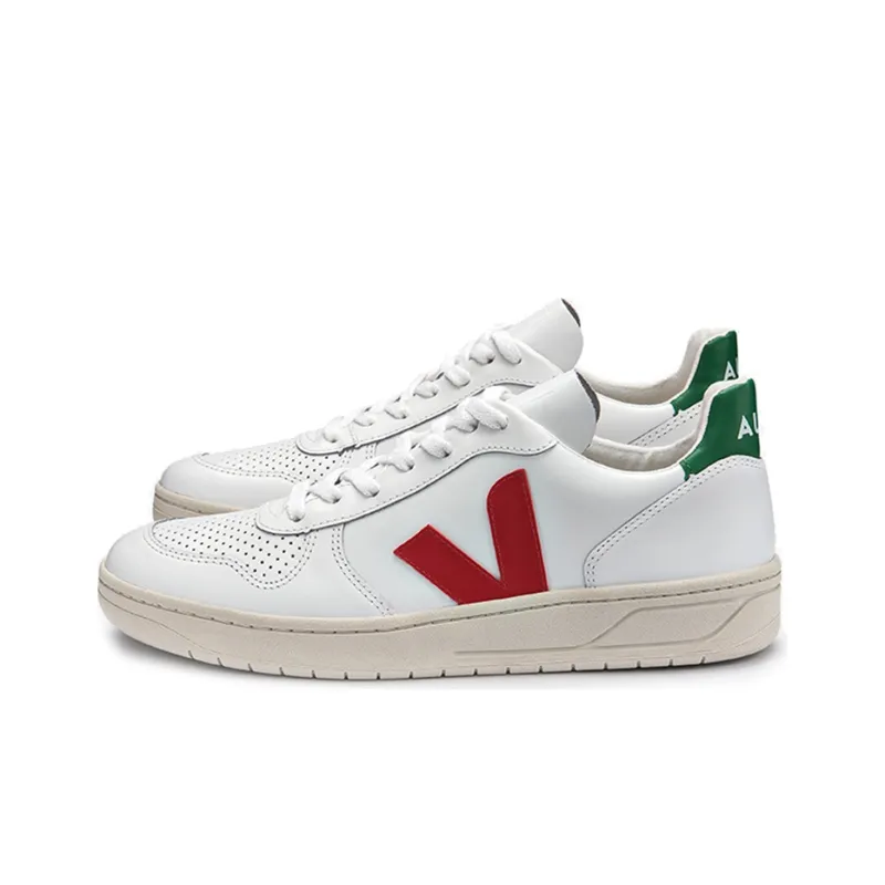 VEJA V 10 Low Top Stylish Skateboarding Shoes Unisex White Red Green-2