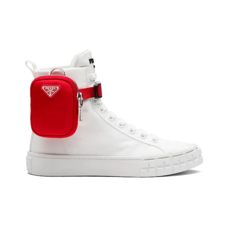 PRADA Wheel Re Nylon High Top Stylish Skateboarding Shoes Women's White Red-1