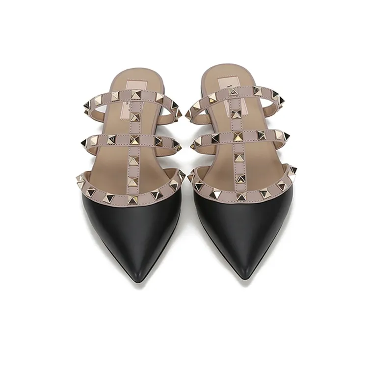 Valentino Rockstud Closed Toe Slippers Women's Black Gray Pink-3