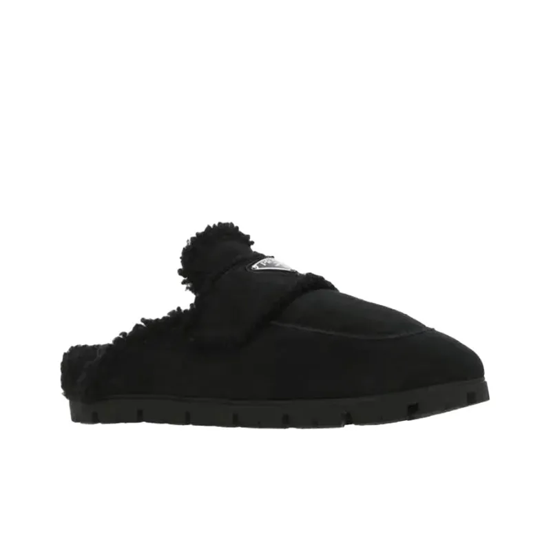 PRADA Triangle-logo Shearling Slippers-4