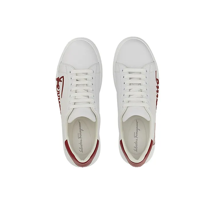FERRAGAMO Low Top Stylish Skateboarding Shoes Men's White Red-2