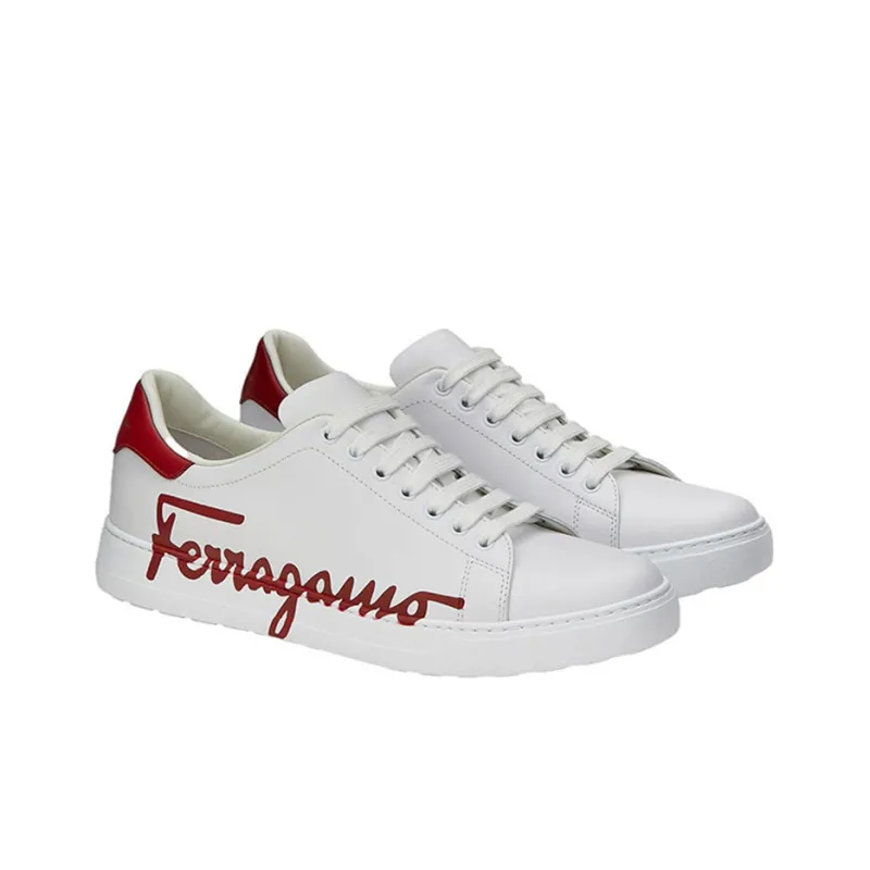 FERRAGAMO Low Top Stylish Skateboarding Shoes Men's White Red-1