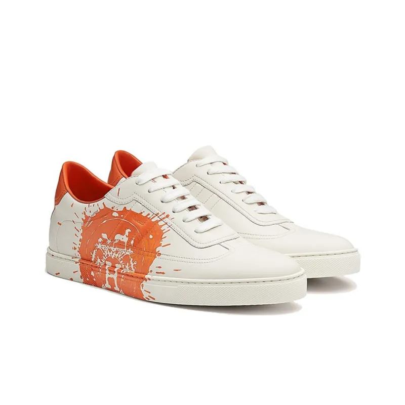 HERMES 'Peinture Fraiche' Low-Top Stylish Skateboarding Shoes Men's White Orange-2