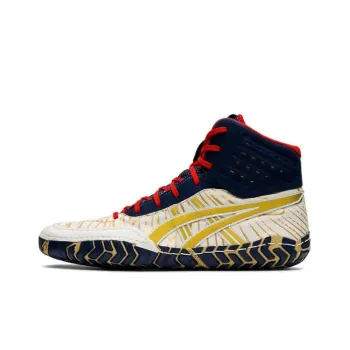 Asics Aggressor 4 Wear-Resistant Slip-Resistant Mid-Top Running Shoes Men's White/Blue Yellow Multicolor