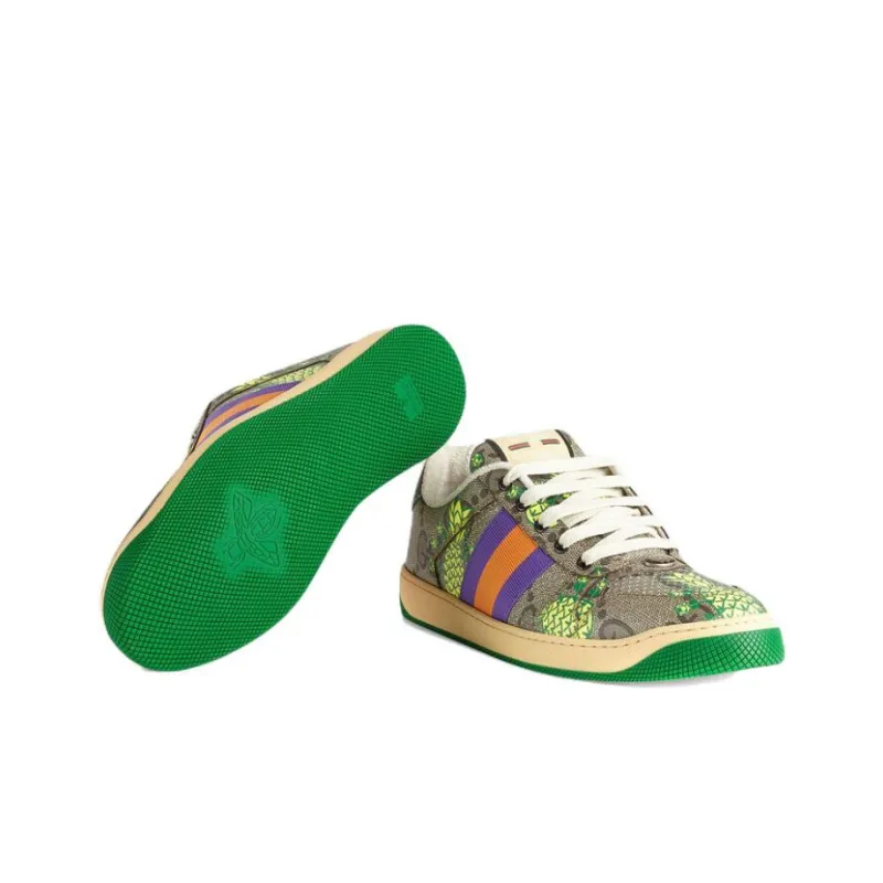 GUCCI Screener Pineapple Collection GG Enamel, Distressed Shoes Low Top Stylish Skateboarding Shoes Men's Brown-4