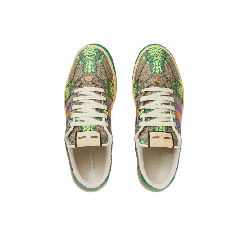 GUCCI Screener Pineapple Collection GG Enamel, Distressed Shoes Low Top Stylish Skateboarding Shoes Men's Brown-2