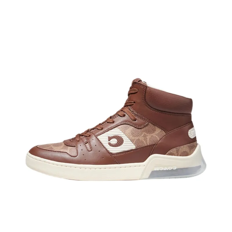 COACH High Top Fashion Round Tip Skateboard Shoes Men's Brown-0
