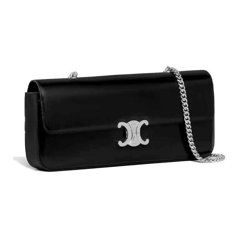 CELINE Triomphe Arc De Triomphe Cow Leather Chain Bag, Shoulder Bag, Handbag Regular Women's Black Silver-2