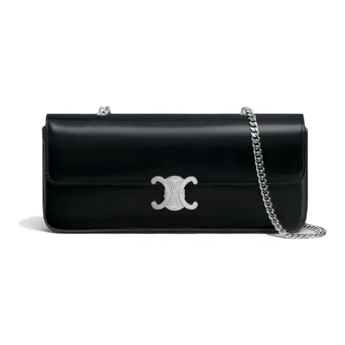 CELINE Triomphe Arc De Triomphe Cow Leather Chain Shoulder Bag Handbag Regular Women's Black Silver