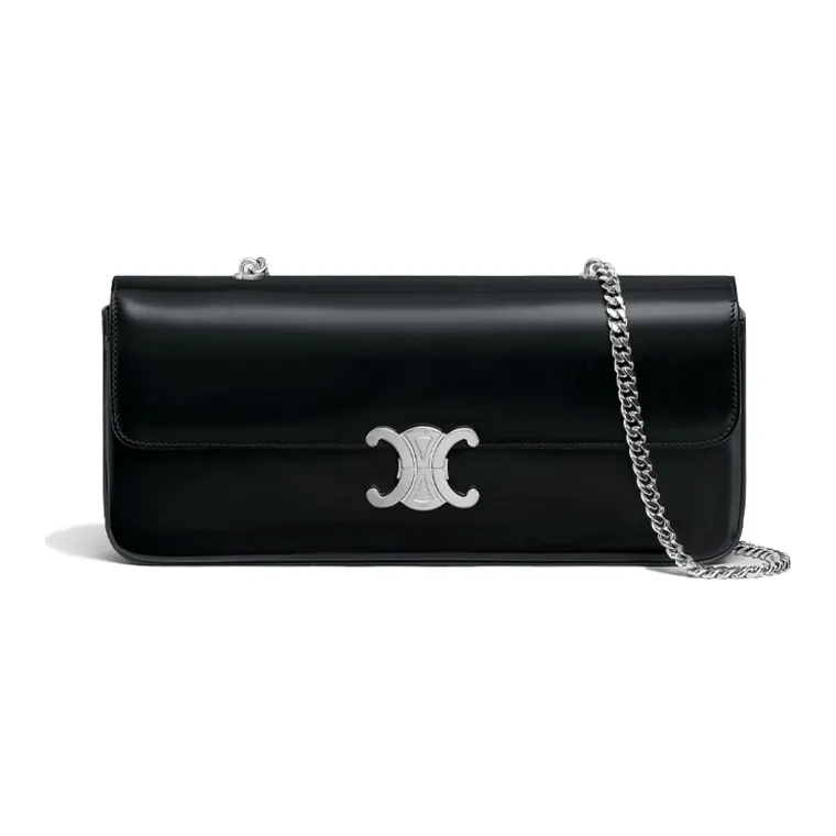 CELINE Triomphe Arc De Triomphe Cow Leather Chain Bag, Shoulder Bag, Handbag Regular Women's Black Silver-0