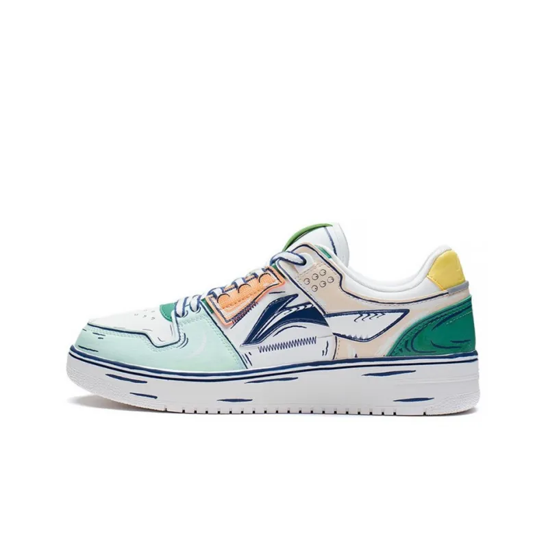 LiNing Abrasion Resistant Breathable Low Top Skateboard Shoes Men's White Green-0