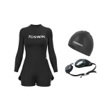 Octopus Black Swim Cap+Octopus Black Swim Goggles+Octopus Black Swimsuit Two-Piece Set
