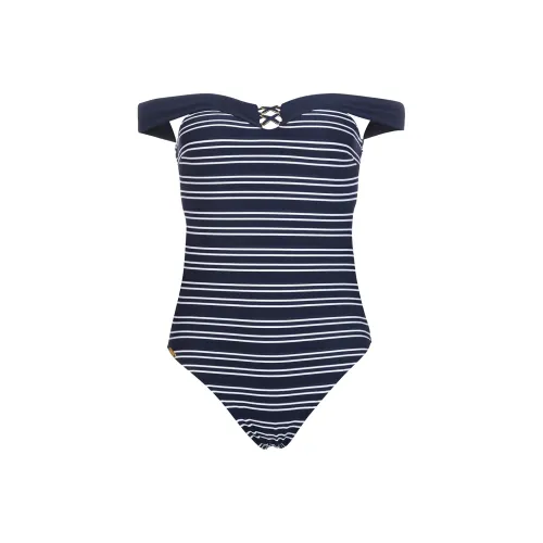 Selmark European-style Embossed Striped Off-shoulder Multi-wear Swimsuit Blue