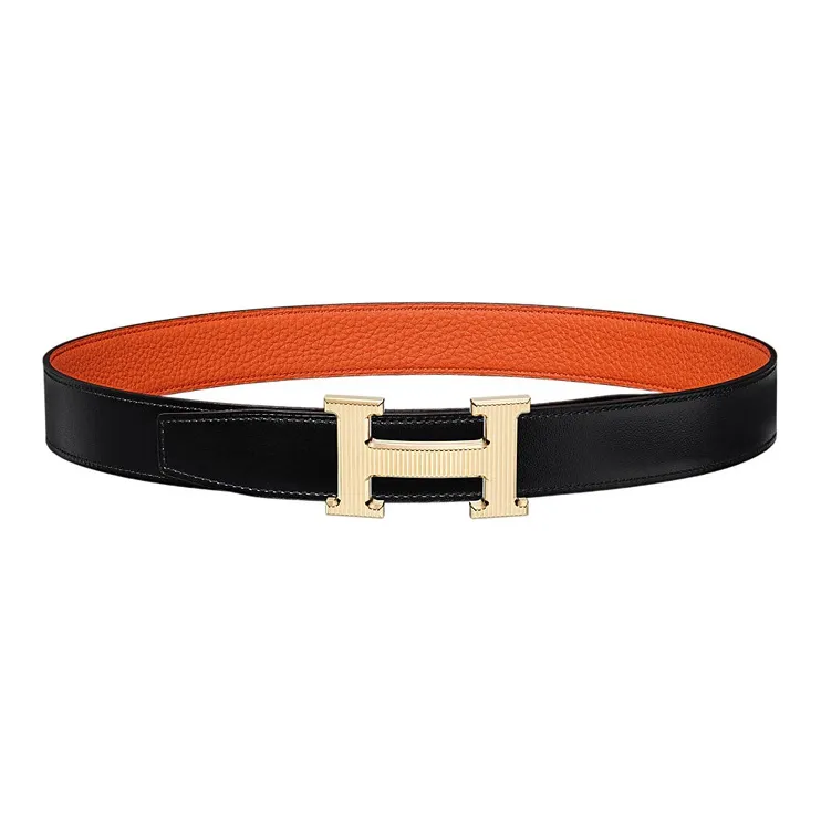 HERMES H Stripes Togo Calfskin Double Sided Leather Belt Leather Belts Unisex Black/Orange Width 3.2cm-0