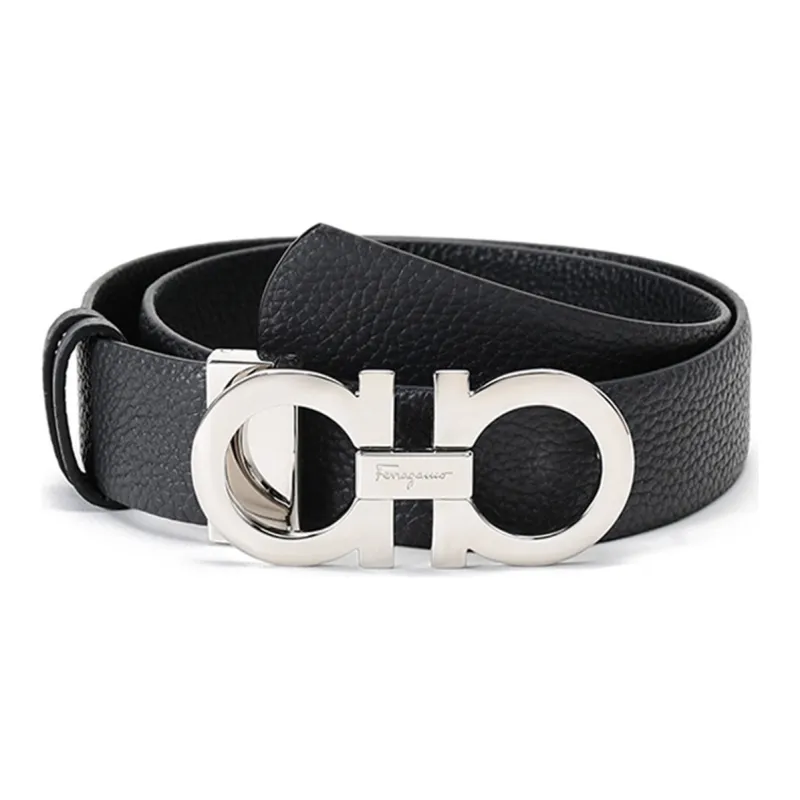 FERRAGAMO Cowhide Board Buckle Double-Sided Belt Leather Belts Women's Gray Blue Black Width: 3.2CM-0