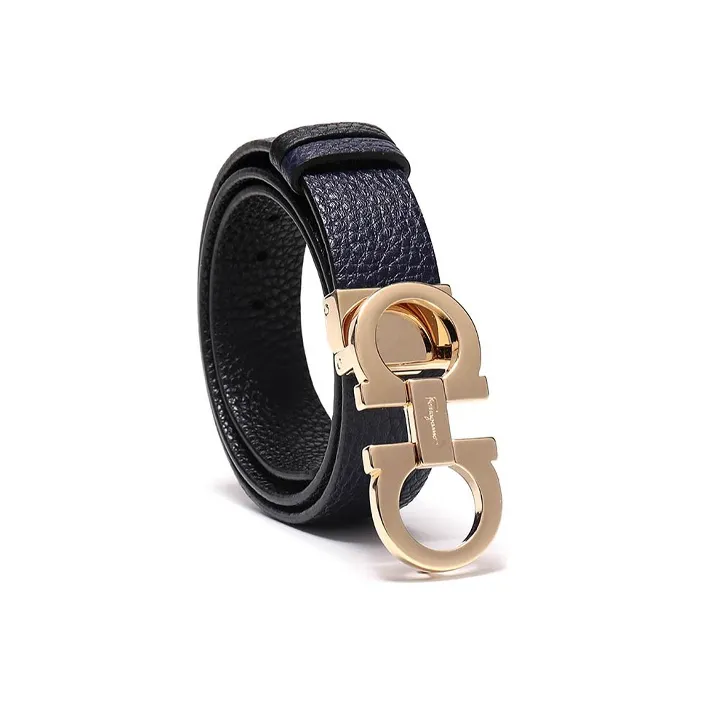 FERRAGAMO Cow Leather Belt Women's Dark Blue/Black Width  2.5cm-1