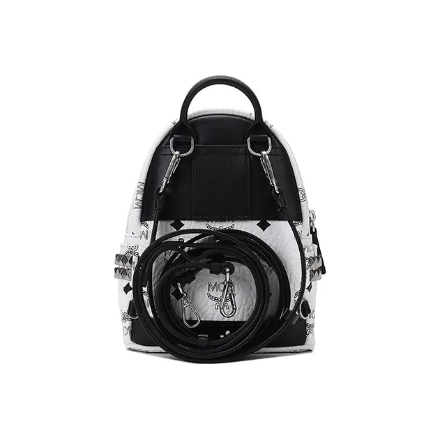 MCM Stark Visetos Cow Leather One Shoulder Crossbody Backpack Extra Mini Women's Black White-4