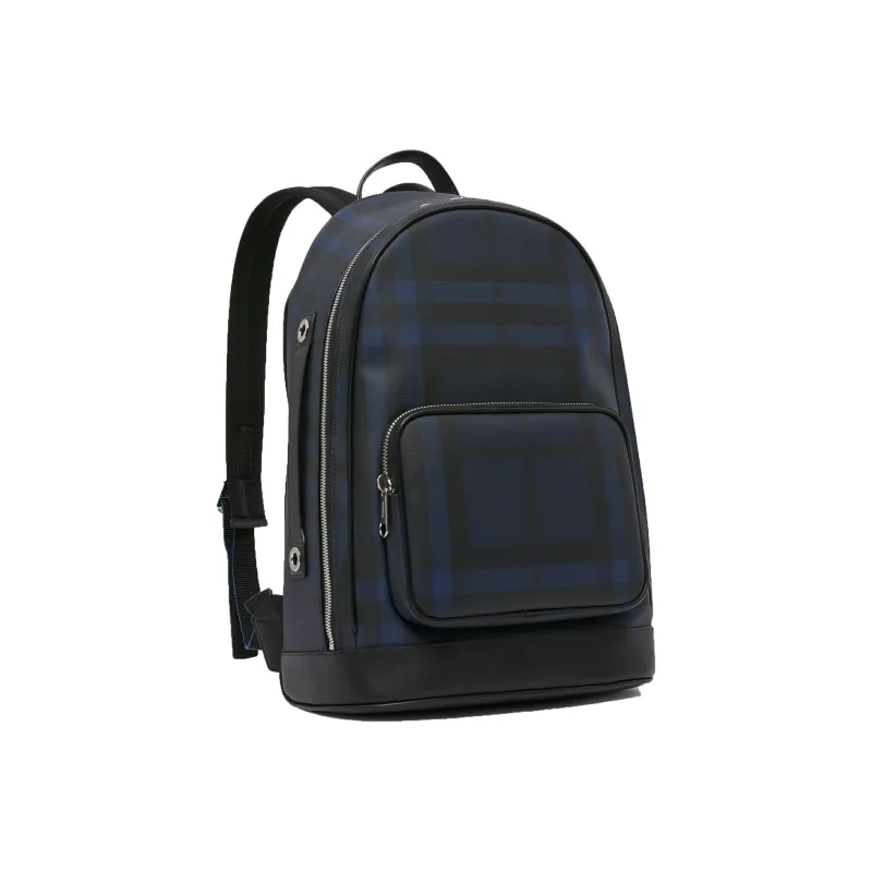 Burberry London Plaid With Leather Backpack Men's Marine Blue/Black-2