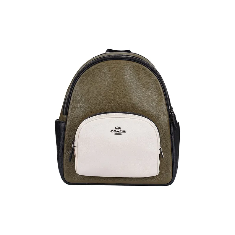 COACH Court Leather Backpack Medium Size Olive Green & White-0