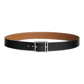 HERMES Nathan Calfskin Leather Belts Men's Black/Gold Width  3.2cm
