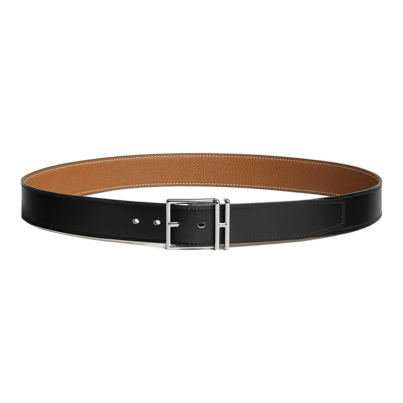 HERMES Nathan Calfskin Leather Belts Men's Black/Gold Width  3.2cm-0