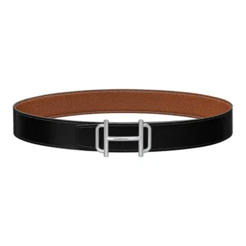 HERMES Togo Calfskin Double Sided Leather Belt Leather Belts Men's Black/Silver Width  3.8cm