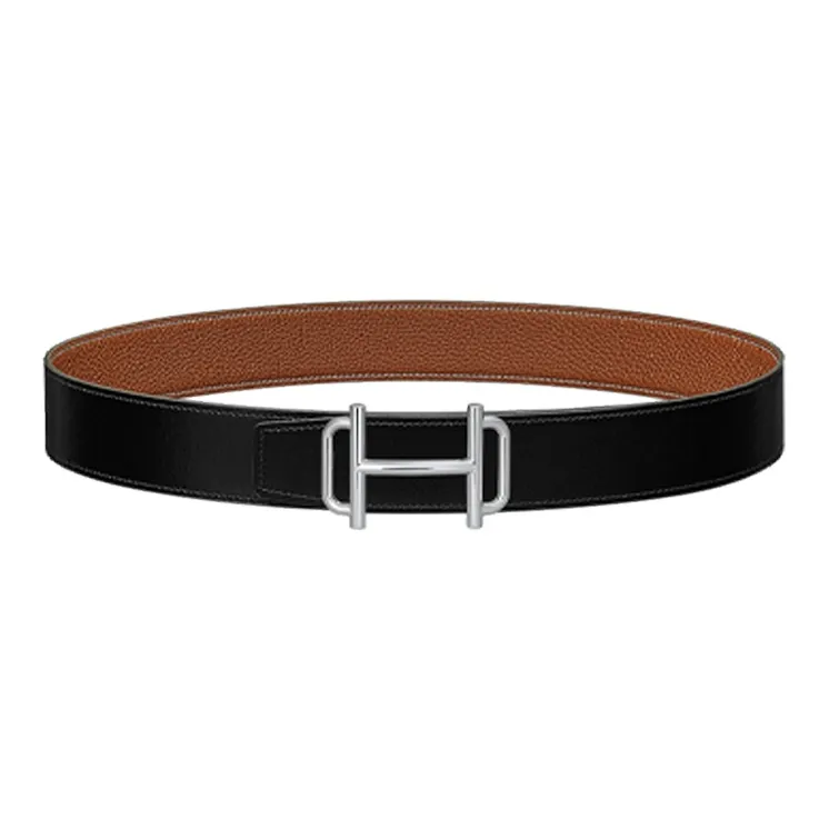 HERMES Togo Calfskin Double Sided Leather Belt Leather Belts Men's Black/Silver Width  3.8cm-0