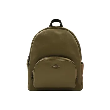 COACH Court Leather Large Capacity Backpack Large Size Unisex Olive Green