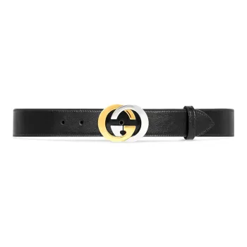 GUCCI Gold And Silver Double G Leather Belts Men's Black Width 3cm