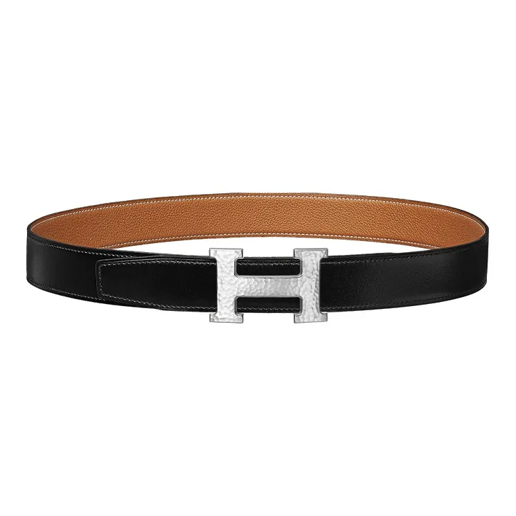 HERMES H Martelee H Letter Silver Buckle Togo Calfskin Double Sided Leather Belt Men's Black/Gold Width 3.2cm-0