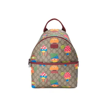 GUCCI Canvas With Leather Backpack Kids' Ebony Wood With Red Accents