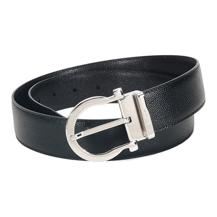 FERRAGAMO Cow Leather Belt Men's Black Dark Brown Width  3.5cm-1