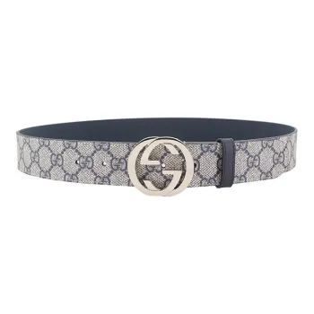 GUCCI Double G Interlocking Buckle Belt, Leather Upper Lining Leather Belts Unisex Beige Blue Width 3.5cm